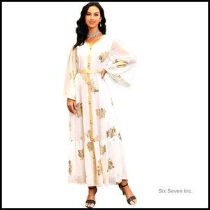 PolyJolly Print Abaya Dress Floral Kaftan Loose Fit V-Neck